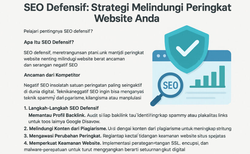 Ilustrasi SEO defensif dengan ikon tameng dan grafik peringkat.
