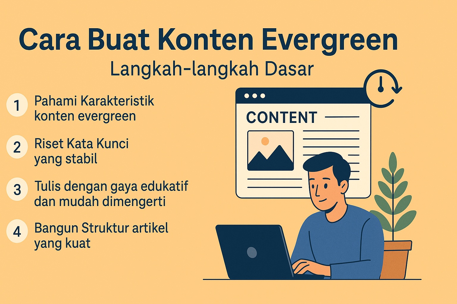 Ilustrasi langkah membuat konten evergreen dengan orang mengetik di laptop.