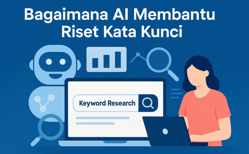 Ilustrasi AI membantu riset kata kunci dengan laptop dan robot.