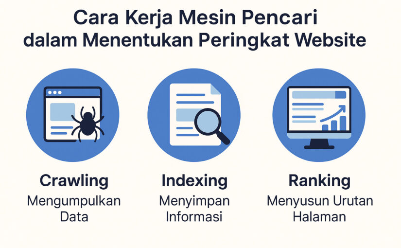 Ilustrasi tiga tahap kerja mesin pencari: crawling, indexing, ranking.